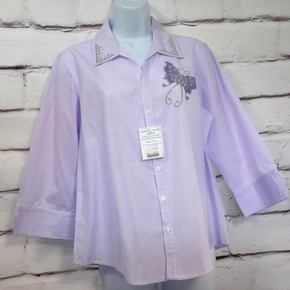 Button Up Shirt Purple Stripe NWT Sz S Embellished Butterfly Issac's Designs - Picture 2 of 13